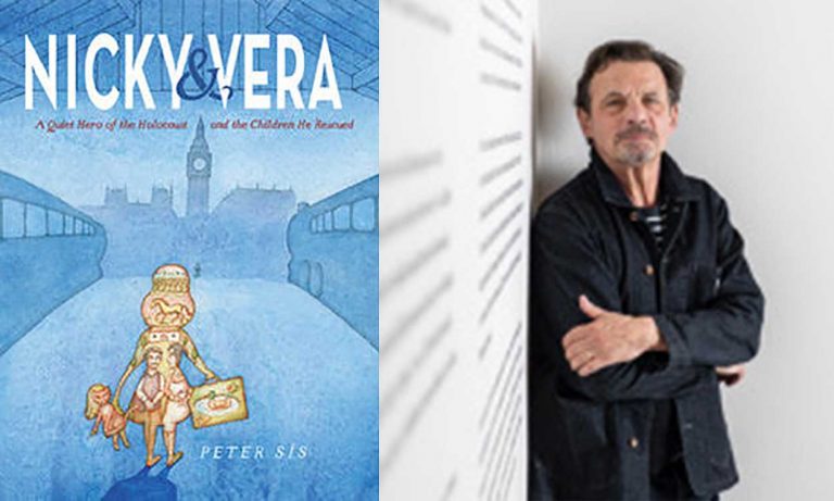 Author Peter Sis and his book cover for Nicky & Vera